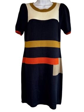 Jessica Howard Knit Sweater Dress Colorblock Navy Gold Orange Size L Office